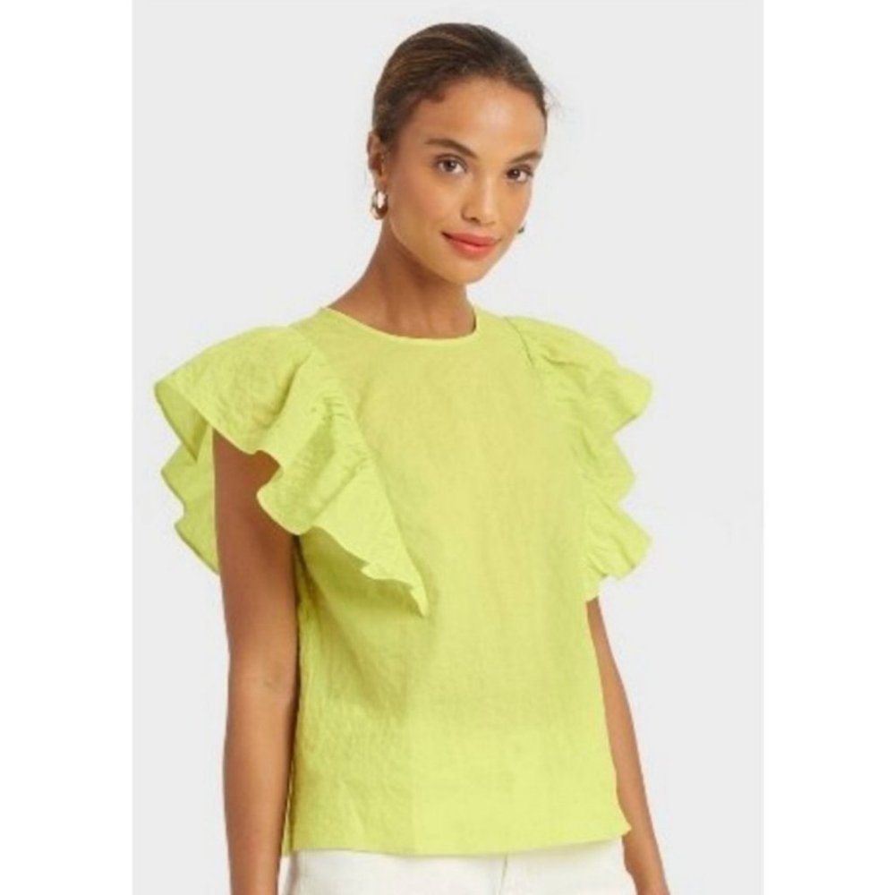 NWT - Women's Medium Ruffled Chartreuse Blouse - A New Day